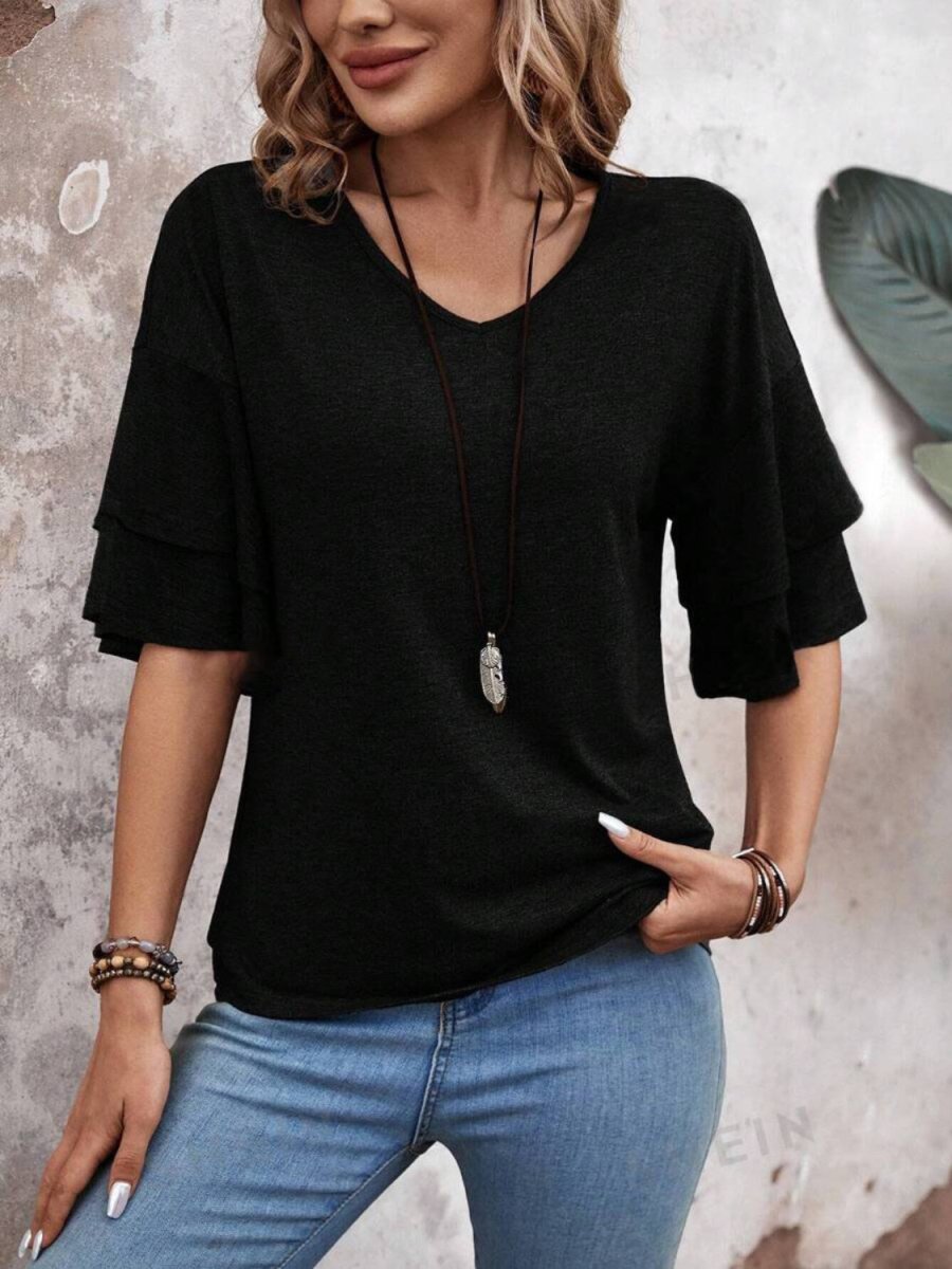 Damen V-Ausschnitt Bluse mit halblangen Ärmeln und Rüschendetail für eleganten und bequemen Alltag