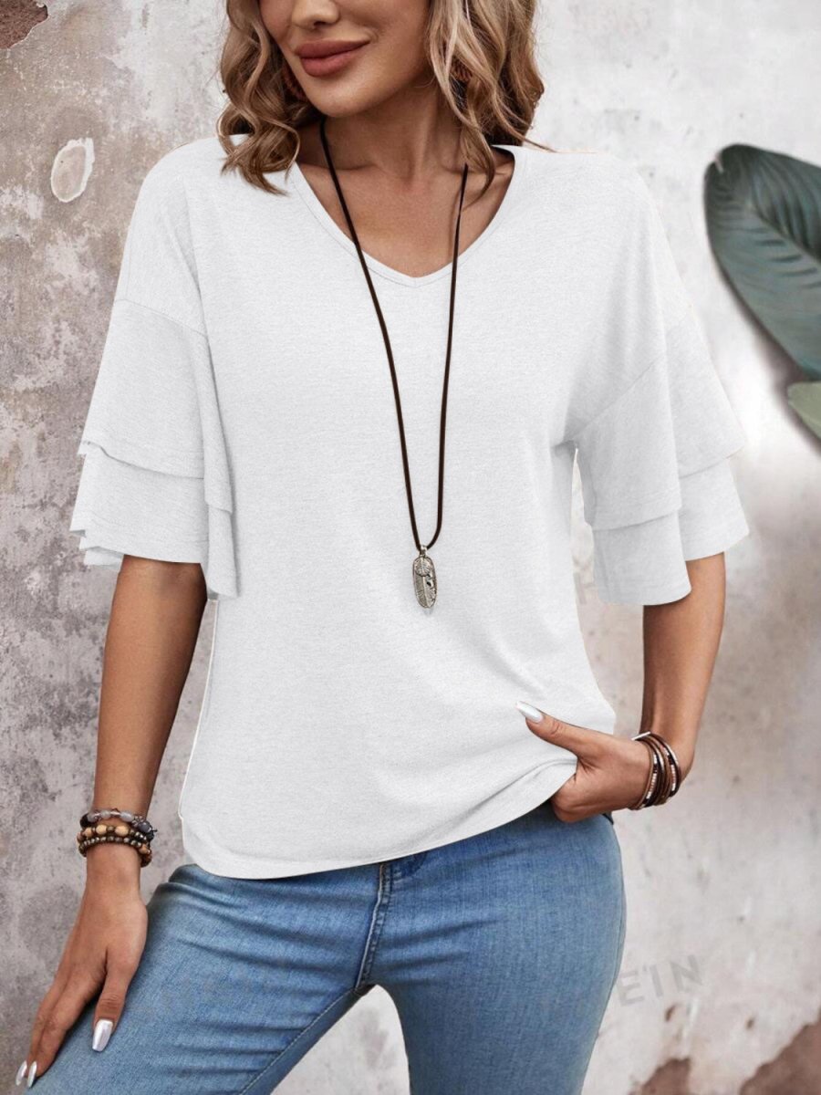 Damen V-Ausschnitt Bluse mit halblangen Ärmeln und Rüschendetail für eleganten und bequemen Alltag