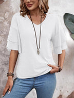 Damen V-Ausschnitt Bluse mit halblangen Ärmeln und Rüschendetail für eleganten und bequemen Alltag