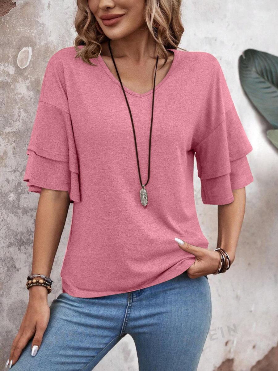 Damen V-Ausschnitt Bluse mit halblangen Ärmeln und Rüschendetail für eleganten und bequemen Alltag