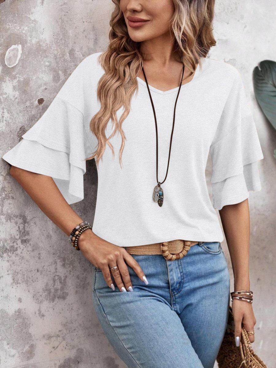 Damen V-Ausschnitt Bluse mit halblangen Ärmeln und Rüschendetail für eleganten und bequemen Alltag