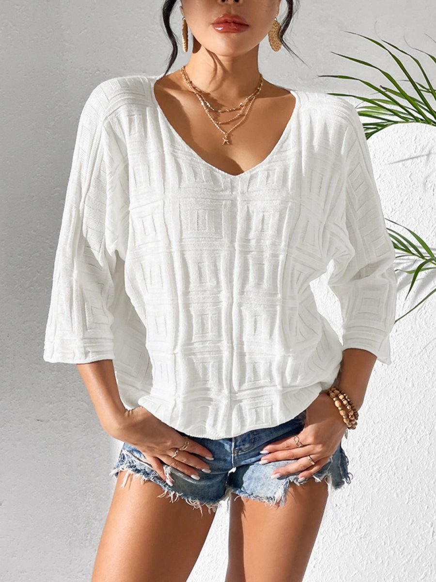 Elegantes Damen-Strickoberteil mit V-Ausschnitt und Dreiviertelärmeln für komfortablen und raffinierten Alltagsstil