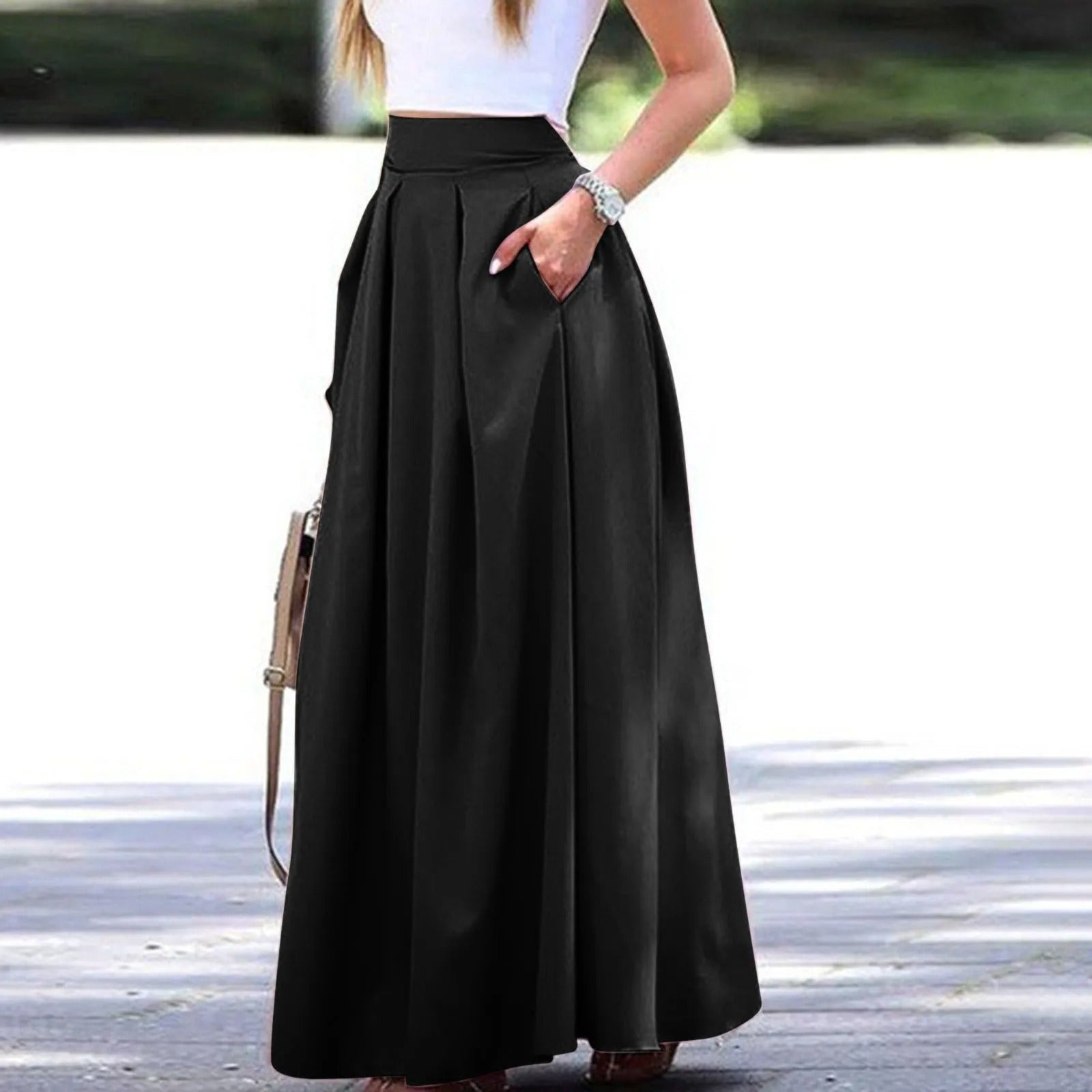 Women High Waist Pleated Maxi Skirt with Flowing Fit and Elegant Design