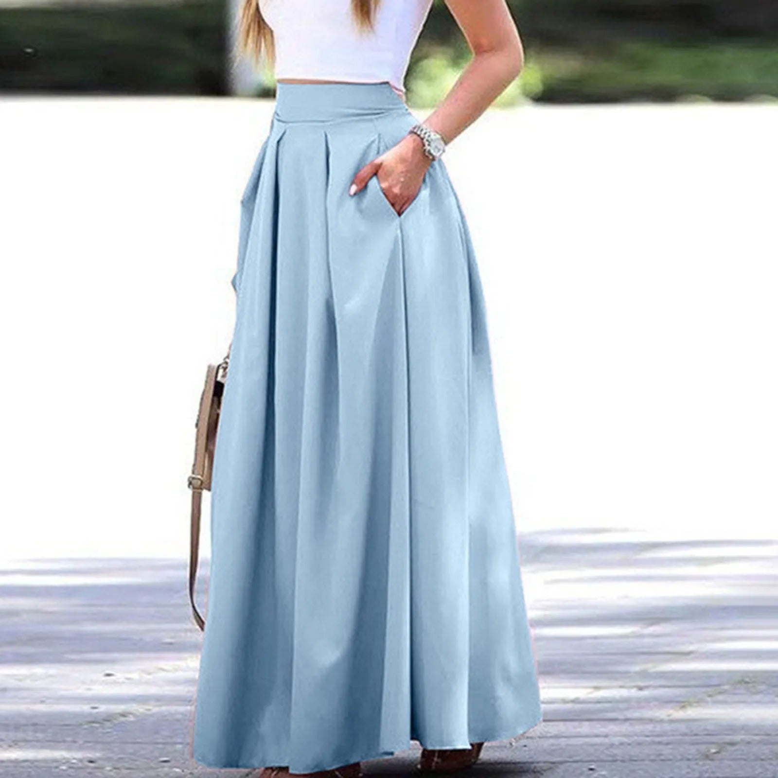 Women High Waist Pleated Maxi Skirt with Flowing Fit and Elegant Design