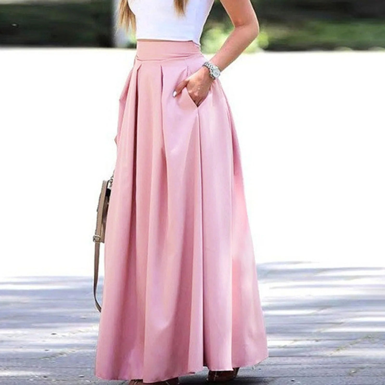 Women High Waist Pleated Maxi Skirt with Flowing Fit and Elegant Design