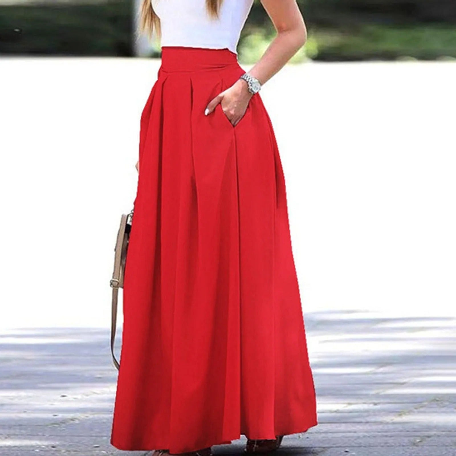 Women High Waist Pleated Maxi Skirt with Flowing Fit and Elegant Design