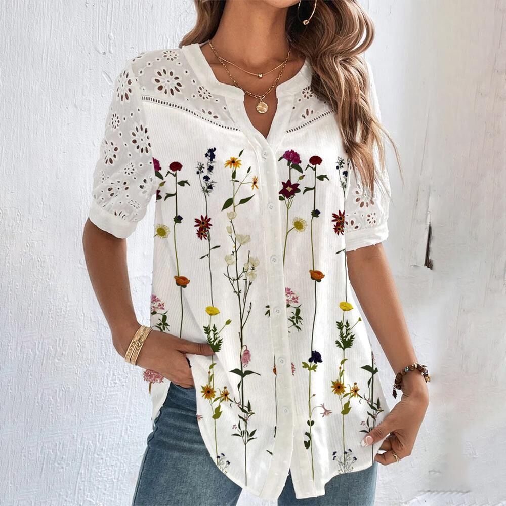 Women's Floral Embroidered Blouse with Button Front for Summer Wear