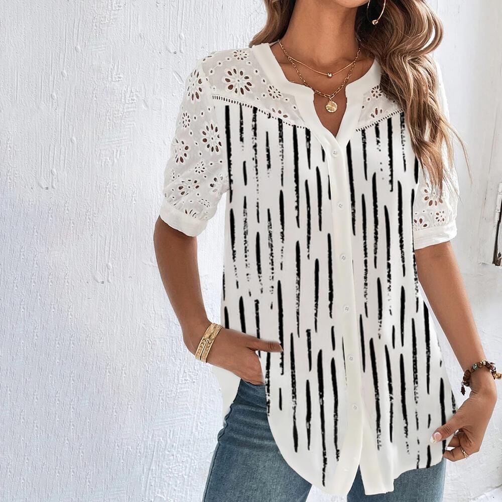 Women's Floral Embroidered Blouse with Button Front for Summer Wear