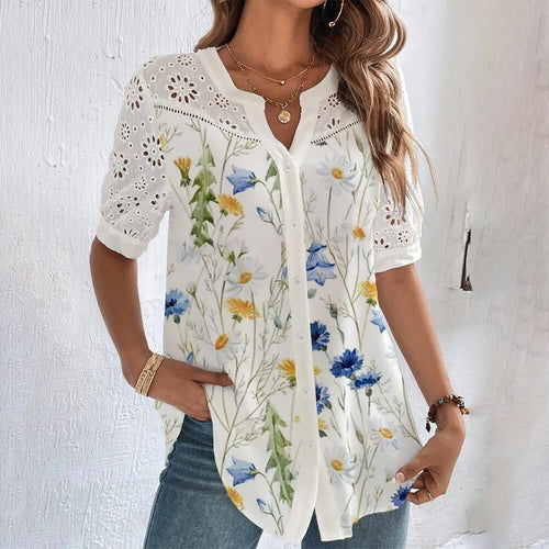 Women's Floral Embroidered Blouse with Button Front for Summer Wear