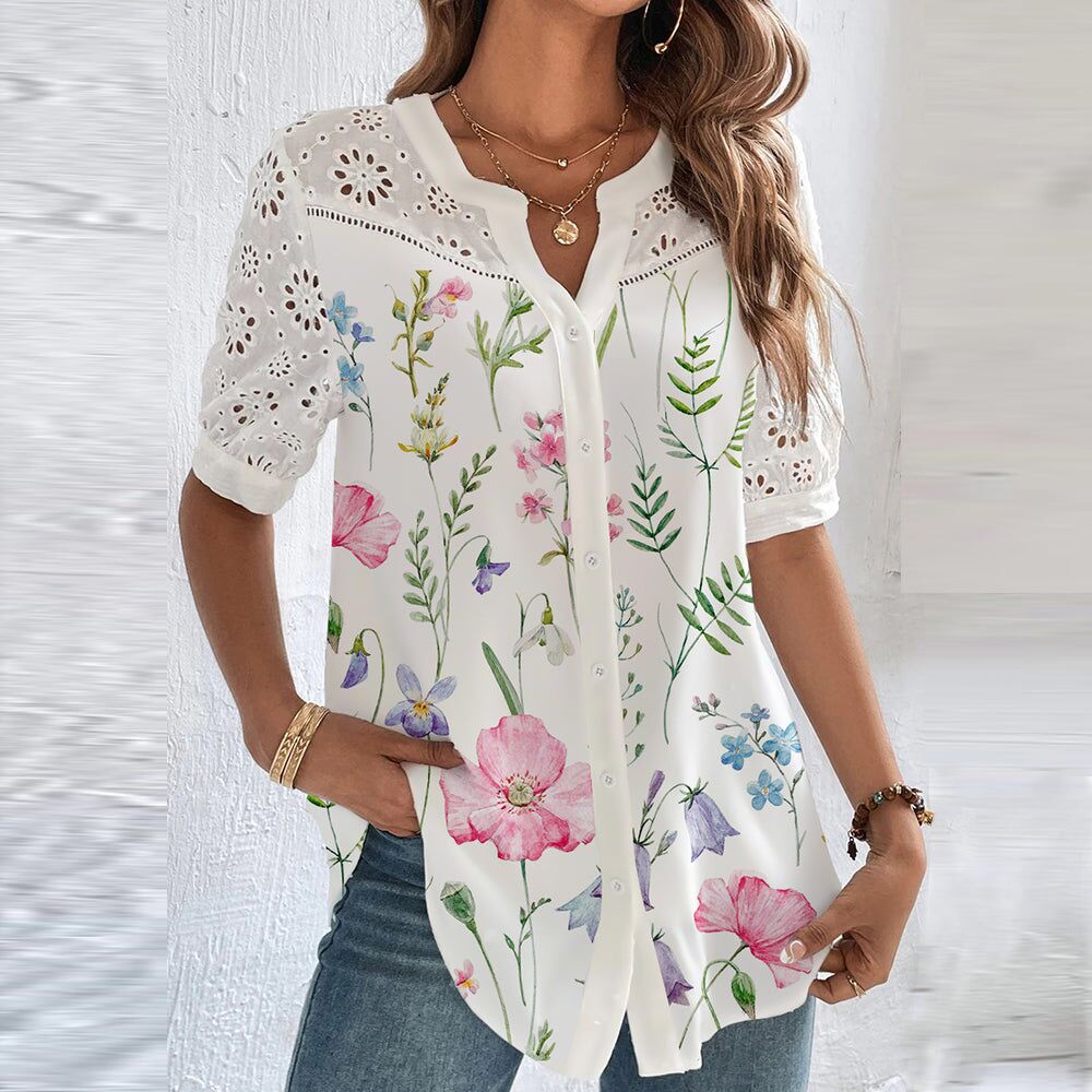 Women's Floral Embroidered Blouse with Button Front for Summer Wear