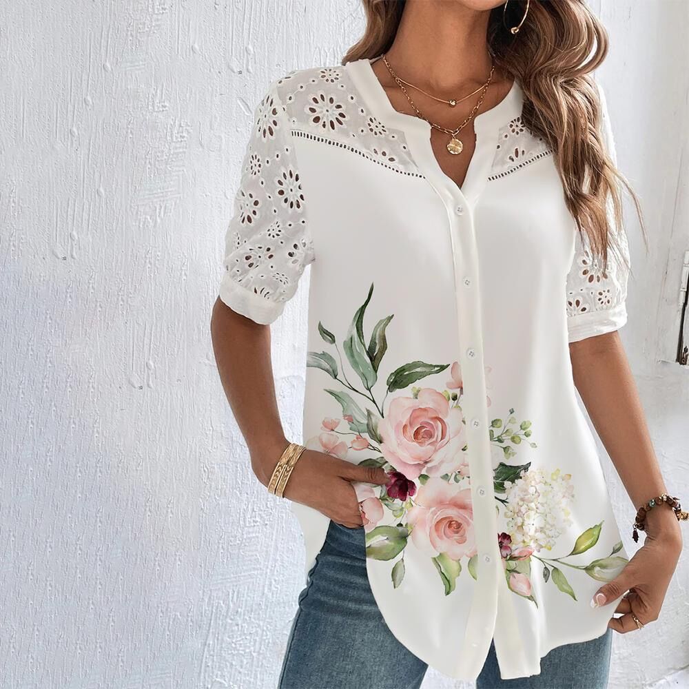 Women's Floral Embroidered Blouse with Button Front for Summer Wear