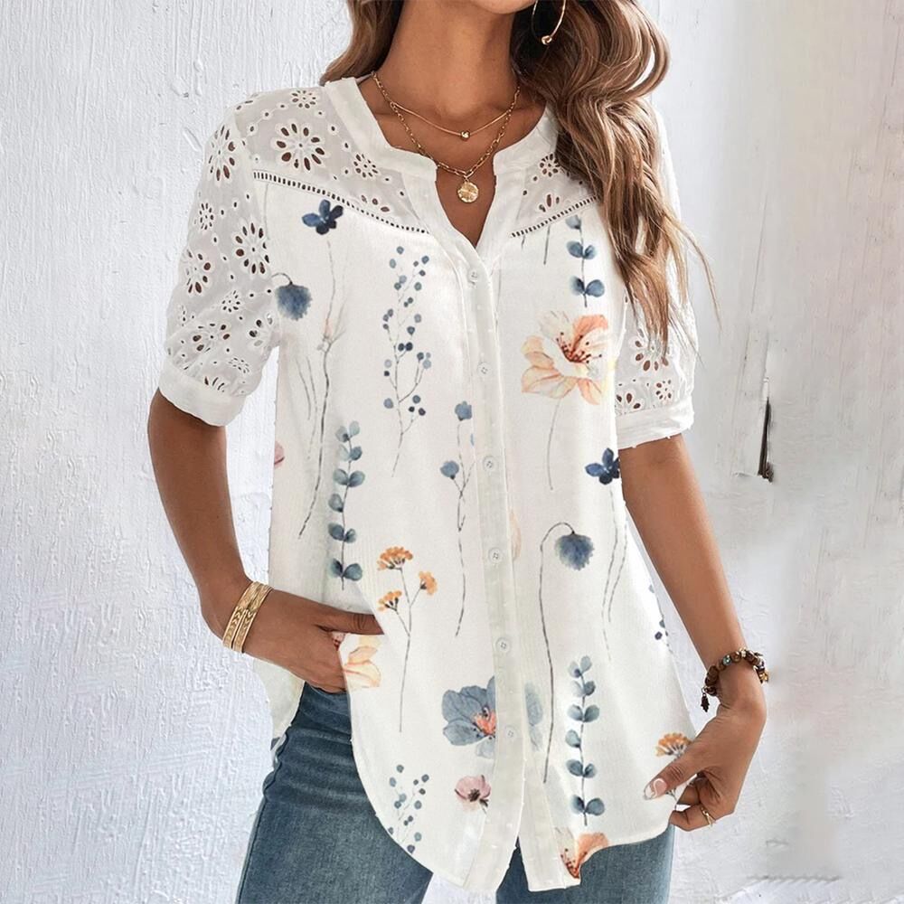 Women's Floral Embroidered Blouse with Button Front for Summer Wear