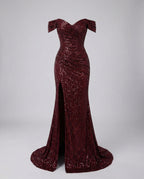 Damen-Abendkleid mit Pailletten, schulterfreiem Ausschnitt und drapierter Silhouette