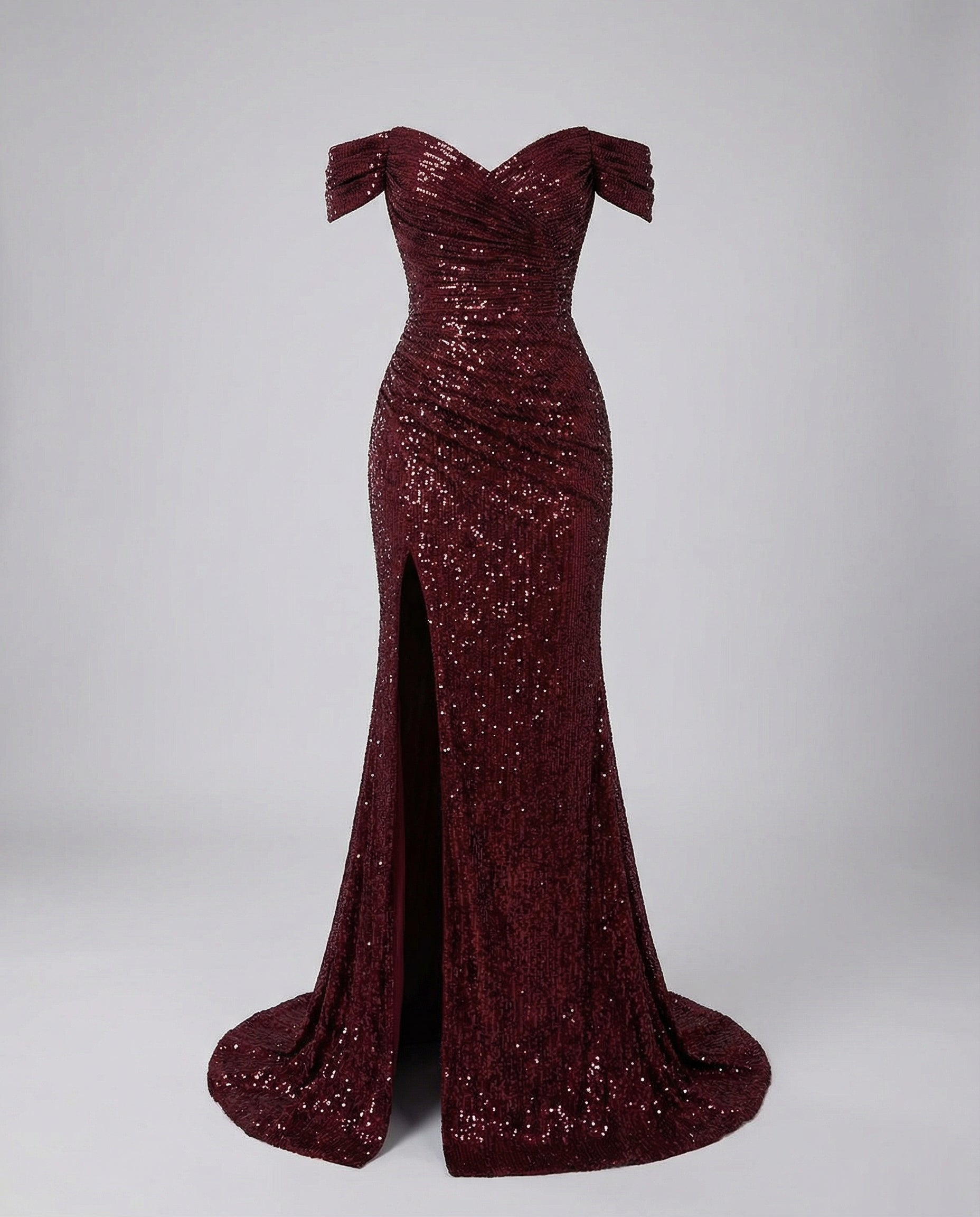 Damen-Abendkleid mit Pailletten, schulterfreiem Ausschnitt und drapierter Silhouette