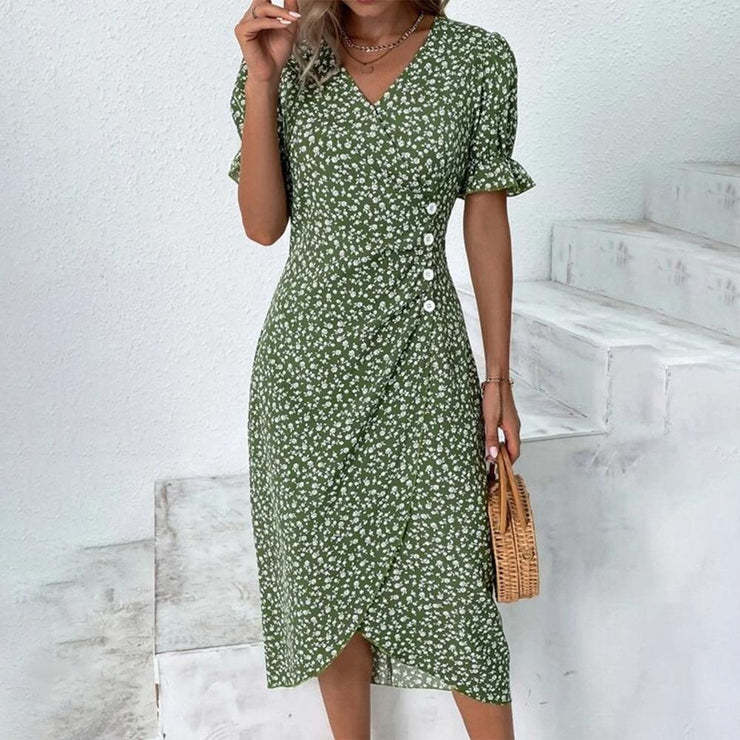 Robe midi portefeuille à imprimé floral pour femme avec détail de boutons sur le côté