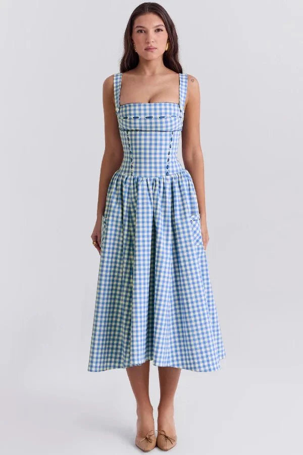 Elegant Gingham Midi Dress with Structured Bodice and Flowy Skirt Design