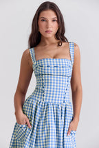 Elegantes Gingham Midikleid mit strukturiertem Oberteil und fließendem Rock