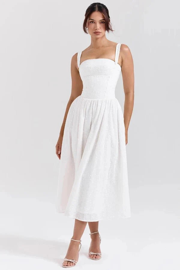 Elegant Gingham Midi Dress with Structured Bodice and Flowy Skirt Design