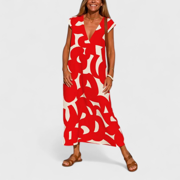 Women’s Abstract Print V-Neck Maxi Dress