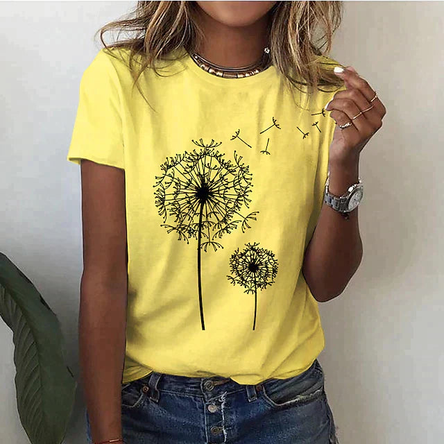 Women's Graphic T-Shirt with Dandelion Print and Short Sleeves