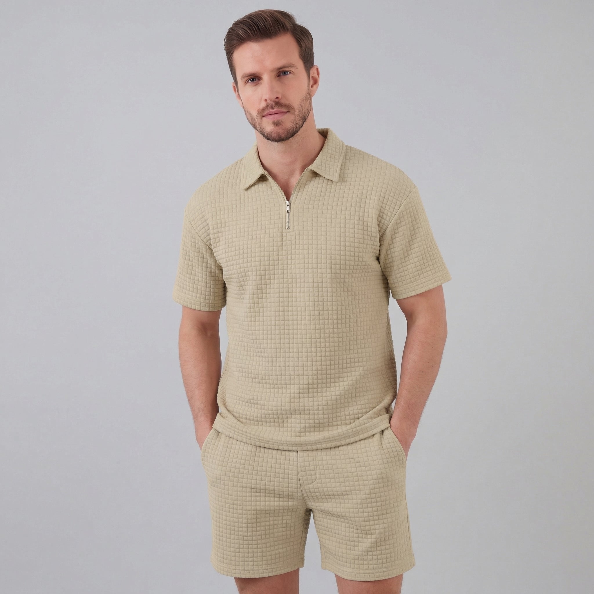 Men's Textured Two-Piece Set with Half-Zip Polo and Shorts