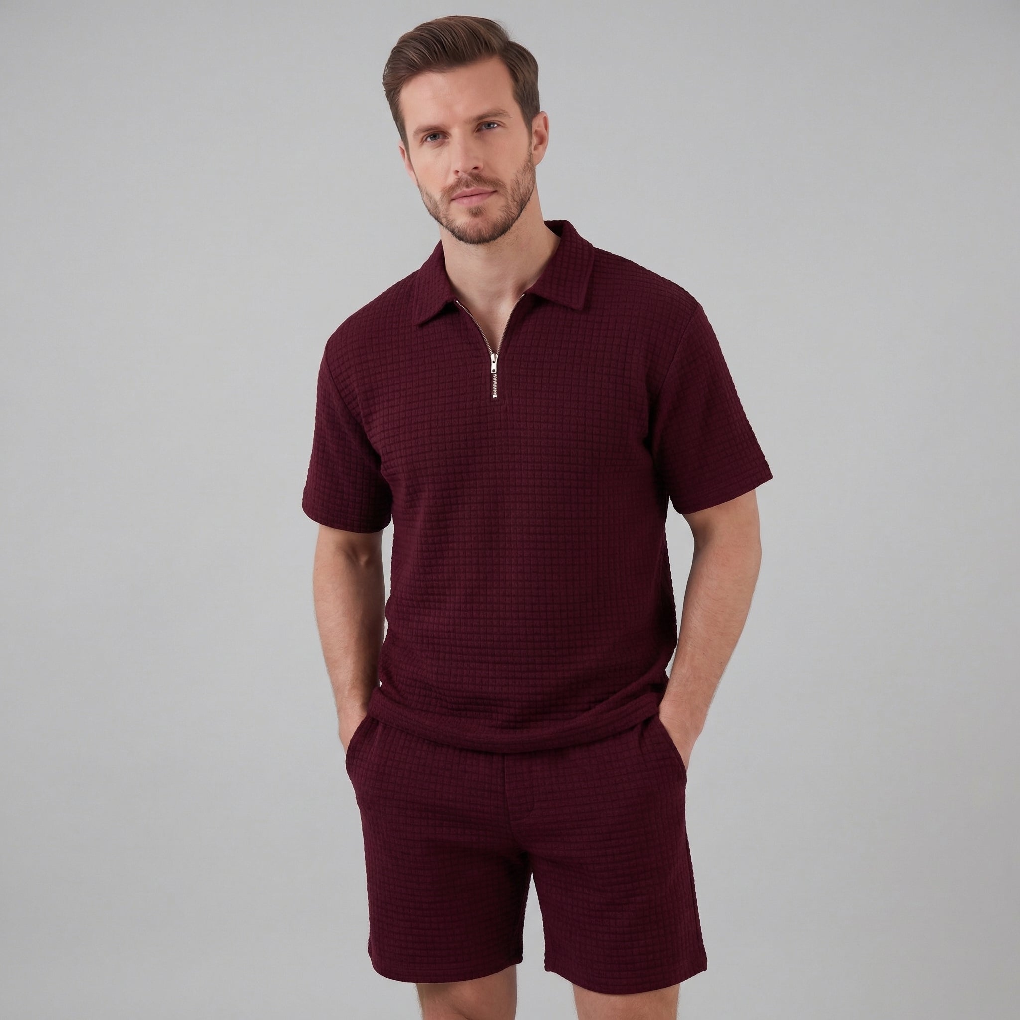 Men's Textured Two-Piece Set with Half-Zip Polo and Shorts
