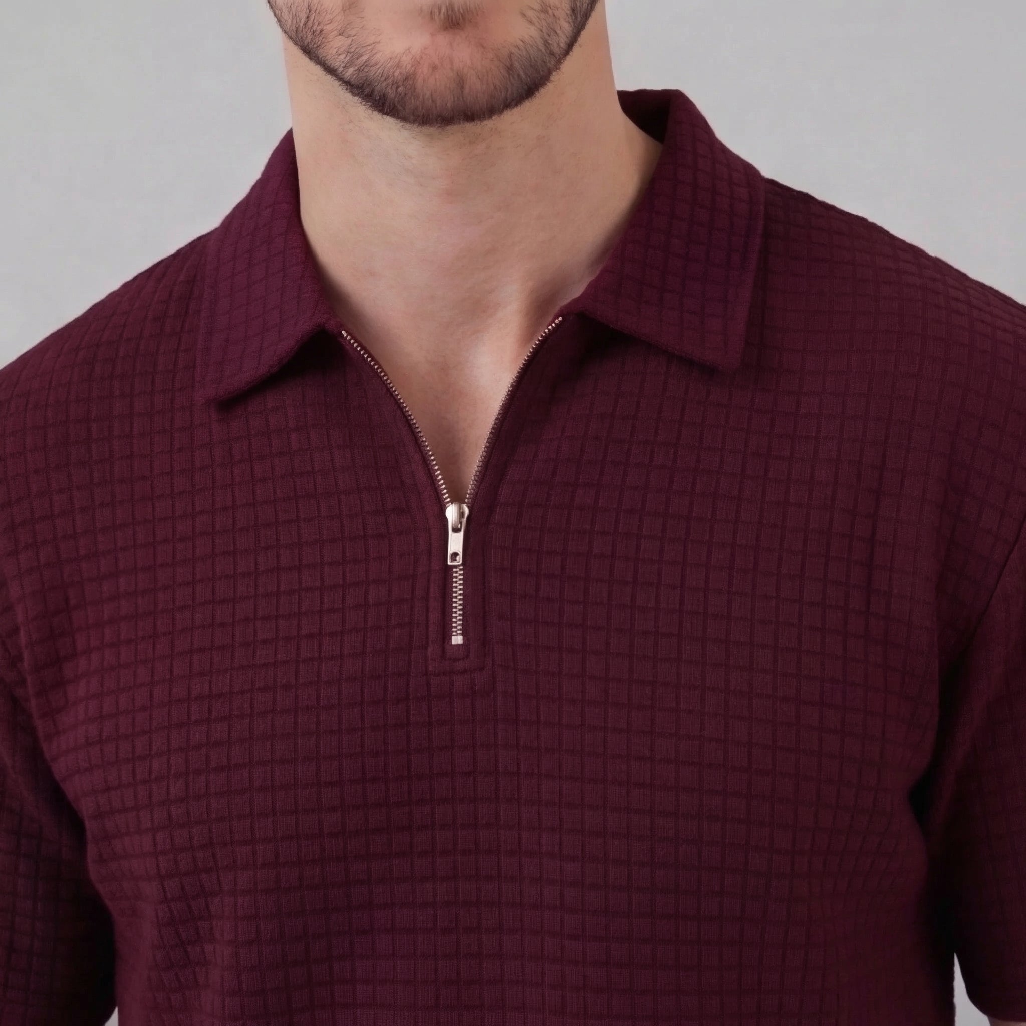 Men's Textured Two-Piece Set with Half-Zip Polo and Shorts