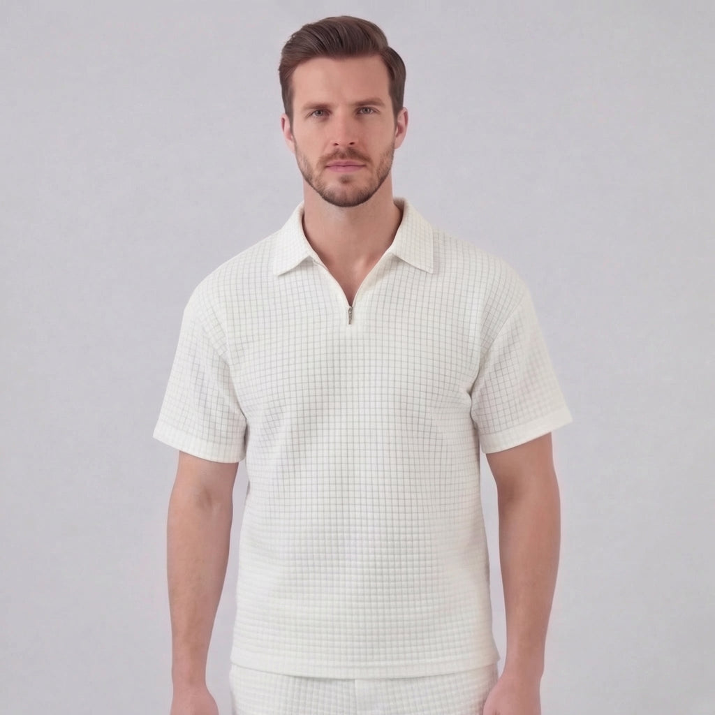 Men's Textured Two-Piece Set with Half-Zip Polo and Shorts