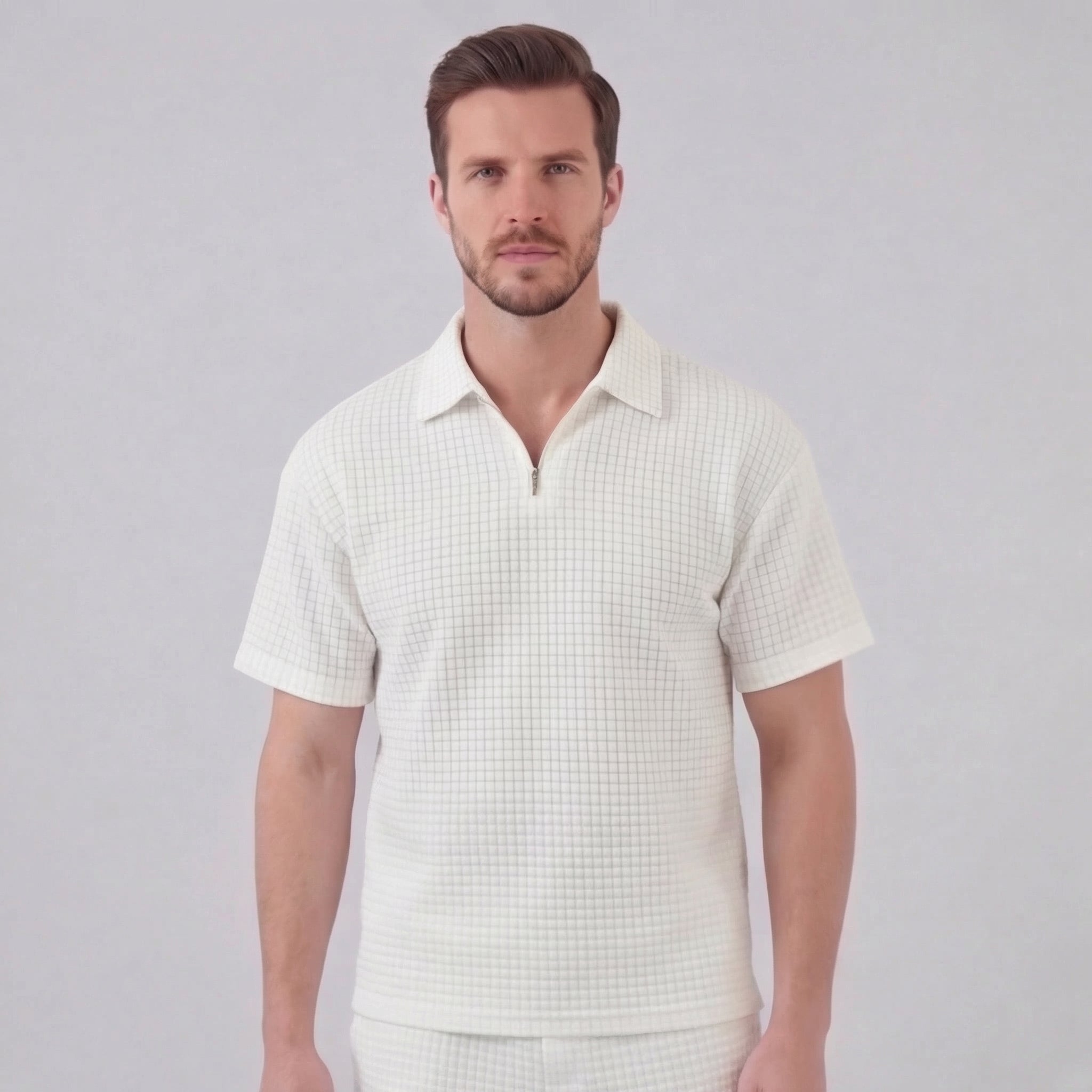 Men's Textured Two-Piece Set with Half-Zip Polo and Shorts