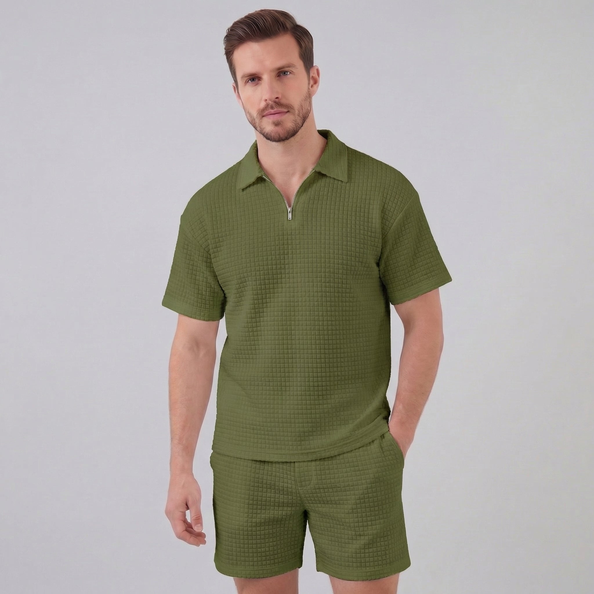 Men's Textured Two-Piece Set with Half-Zip Polo and Shorts