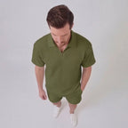 Men's Textured Two-Piece Set with Half-Zip Polo and Shorts