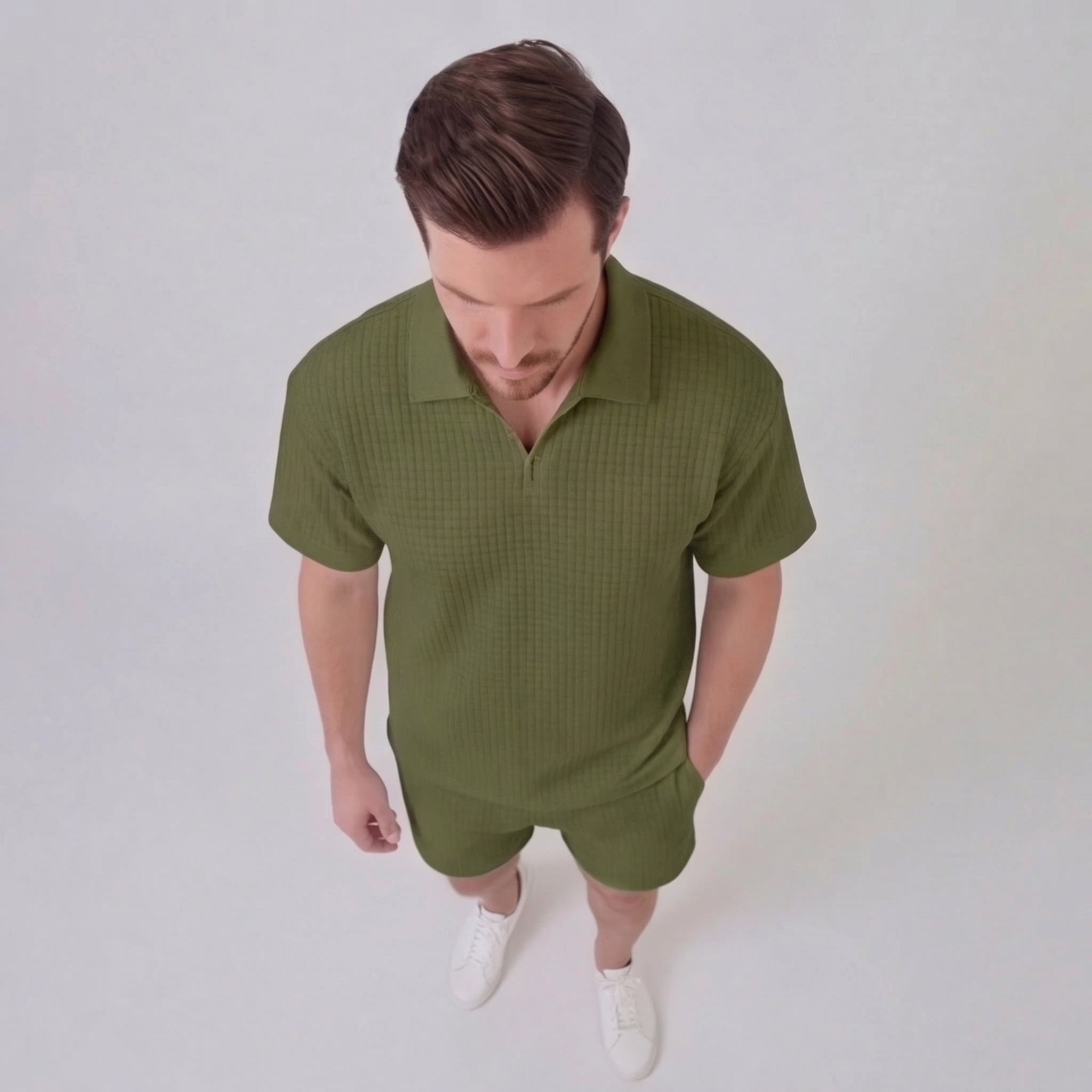 Men's Textured Two-Piece Set with Half-Zip Polo and Shorts