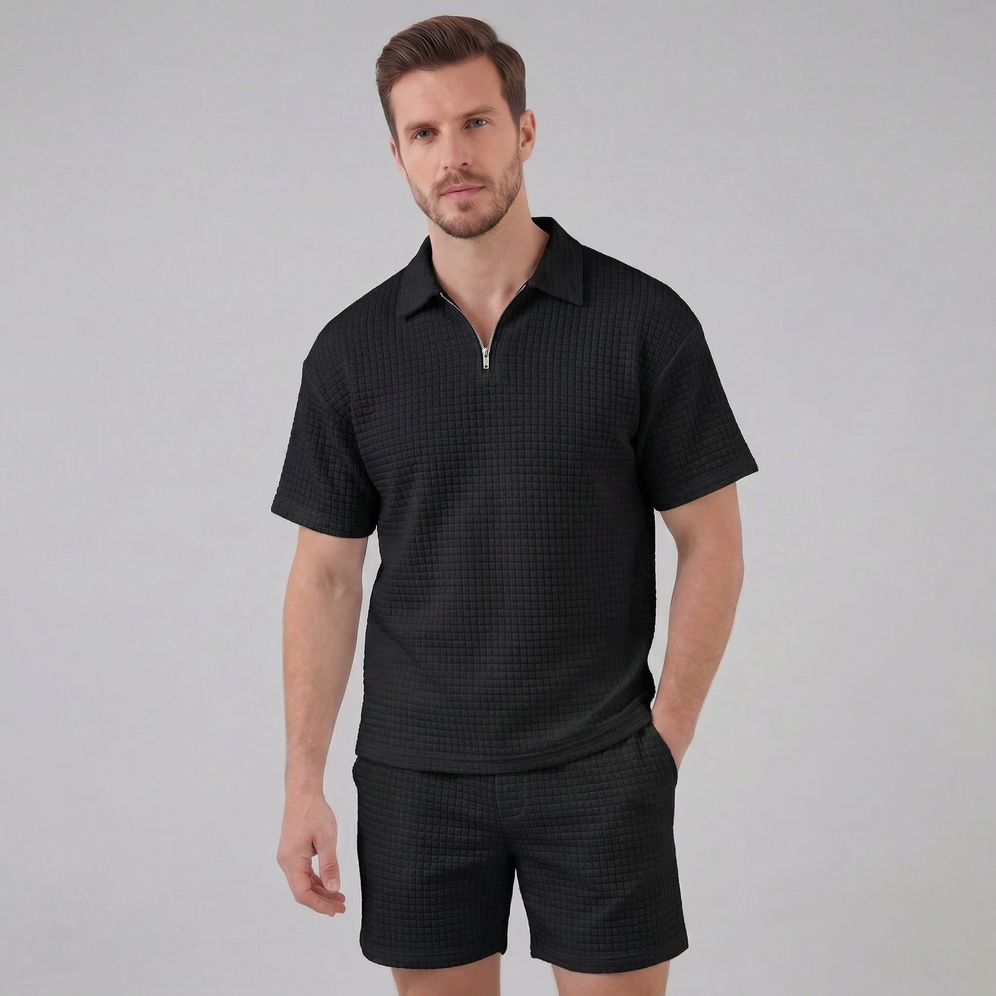 Men's Textured Two-Piece Set with Half-Zip Polo and Shorts