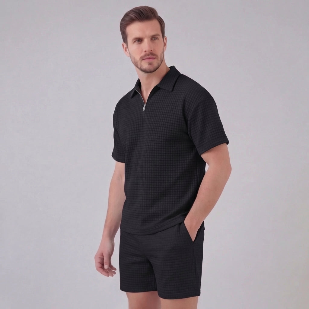 Men's Textured Two-Piece Set with Half-Zip Polo and Shorts