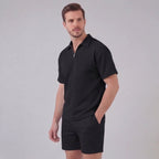Men's Textured Two-Piece Set with Half-Zip Polo and Shorts