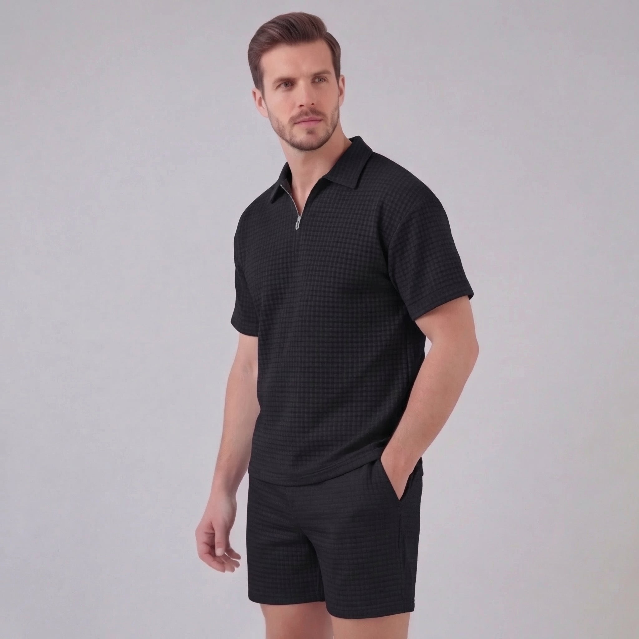 Men's Textured Two-Piece Set with Half-Zip Polo and Shorts