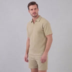 Men's Textured Two-Piece Set with Half-Zip Polo and Shorts