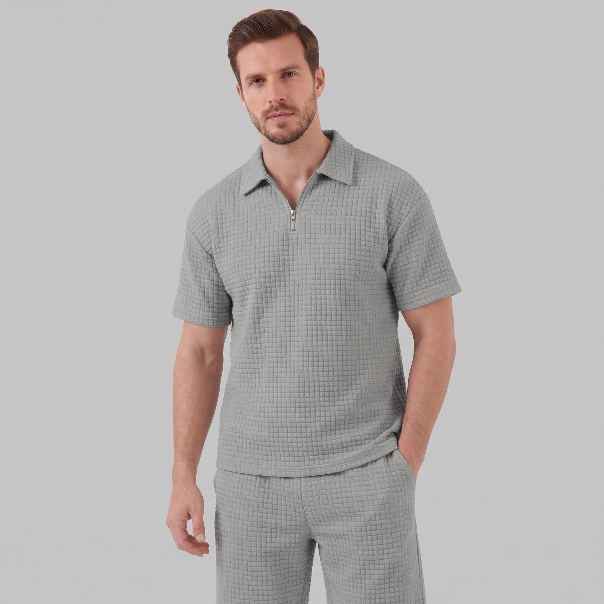 Men's Textured Two-Piece Set with Half-Zip Polo and Shorts