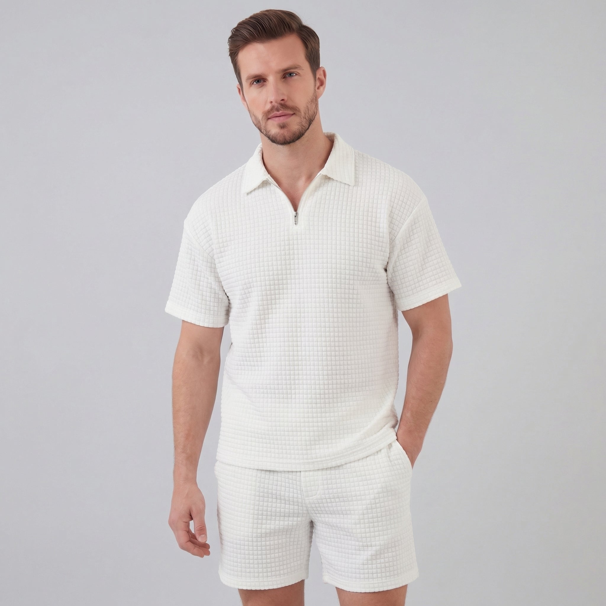 Men's Textured Two-Piece Set with Half-Zip Polo and Shorts