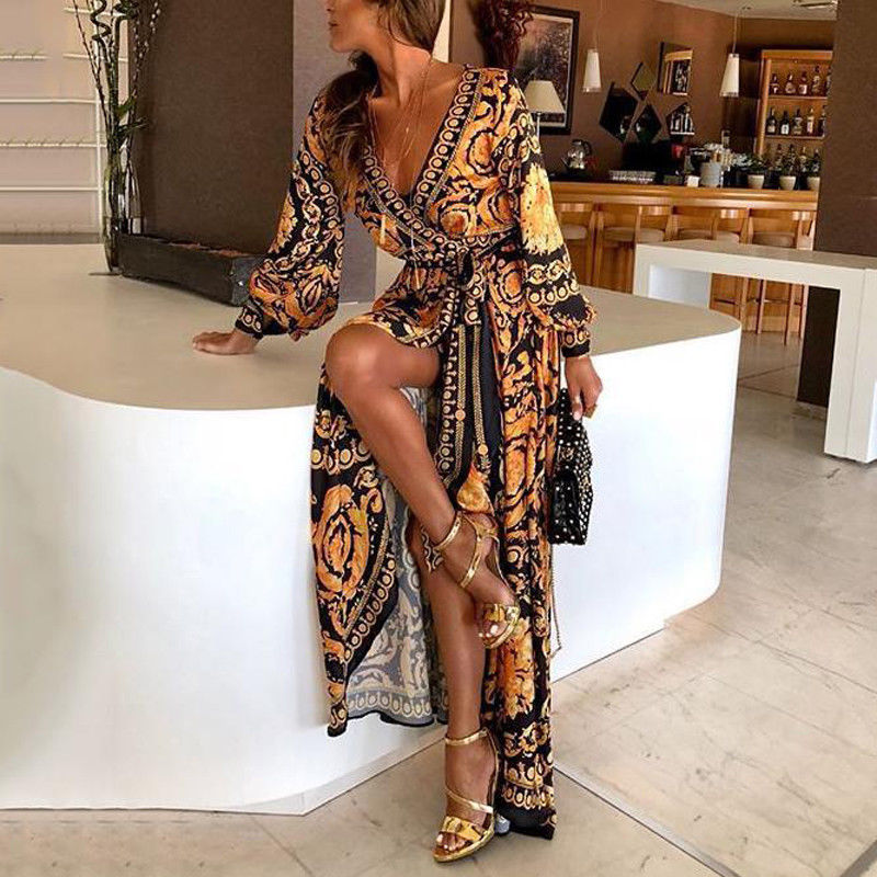 Maxikleid für Damen mit Barockmuster und langen Ärmeln