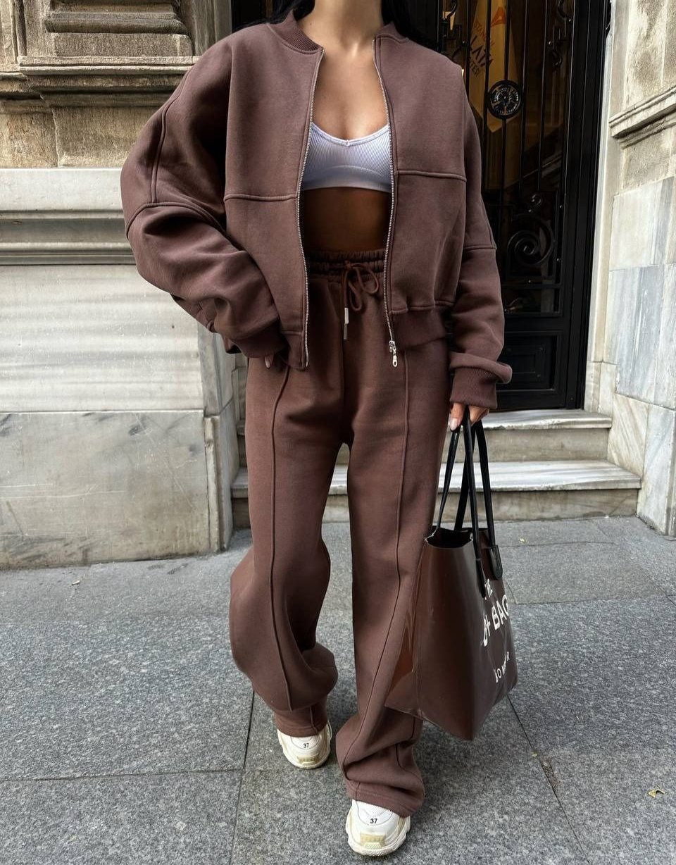 Conjunto de estar por casa para mujer con cremallera y pantalón de pierna ancha