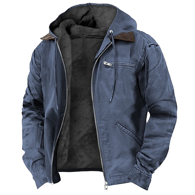 Veste d’extérieur à capuche pour homme, fermeture zippée sur le devant et doublure en polaire