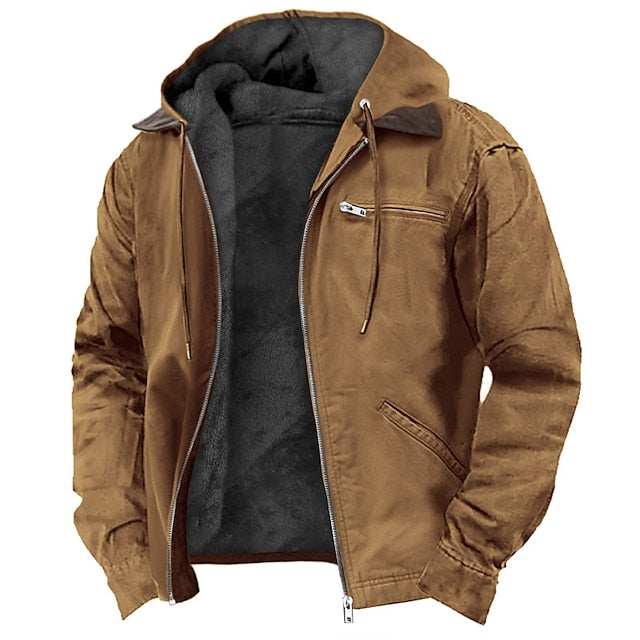 Herren-Outdoorjacke mit Kapuze, Reißverschluss vorne und Fleecefutter