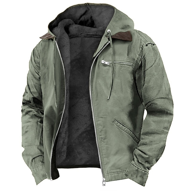 Veste d’extérieur à capuche pour homme, fermeture zippée sur le devant et doublure en polaire