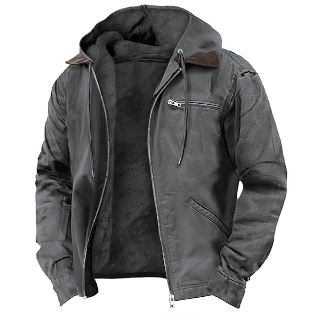 Veste d’extérieur à capuche pour homme, fermeture zippée sur le devant et doublure en polaire