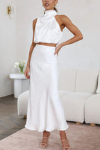 Damen Satin Zweiteiler mit Neckholder-Top und Maxirock für elegante Anlässe