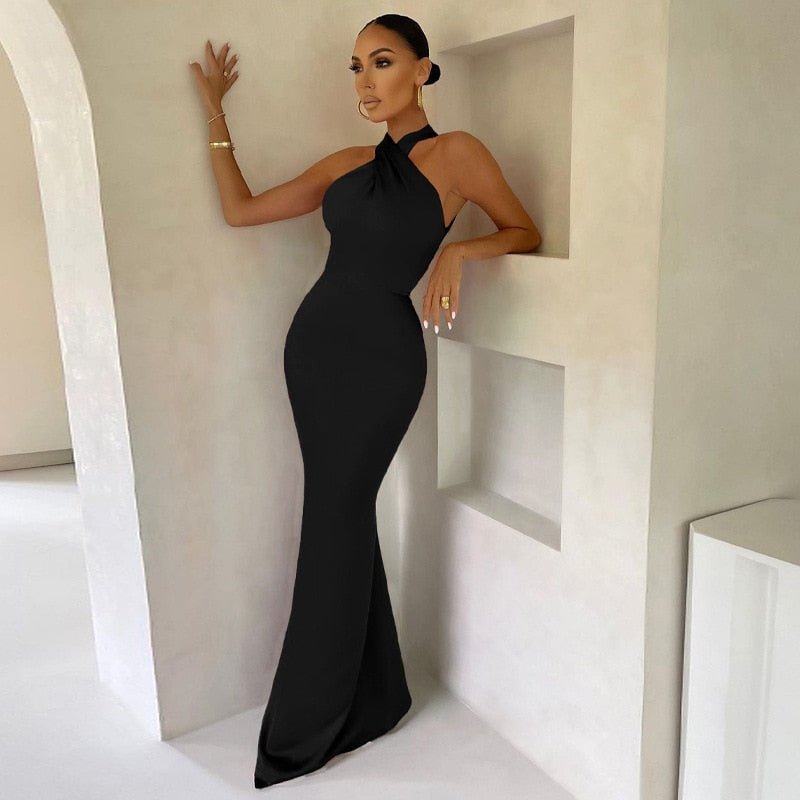 Women Halter Neck Maxi Dress with Fitted Silhouette and Elegant Design