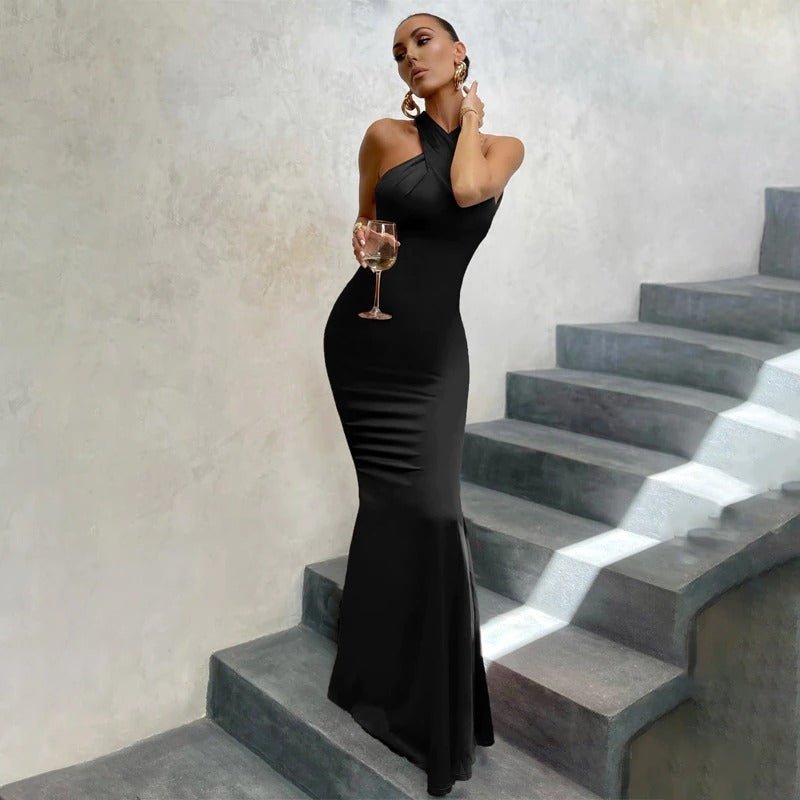 Women Halter Neck Maxi Dress with Fitted Silhouette and Elegant Design