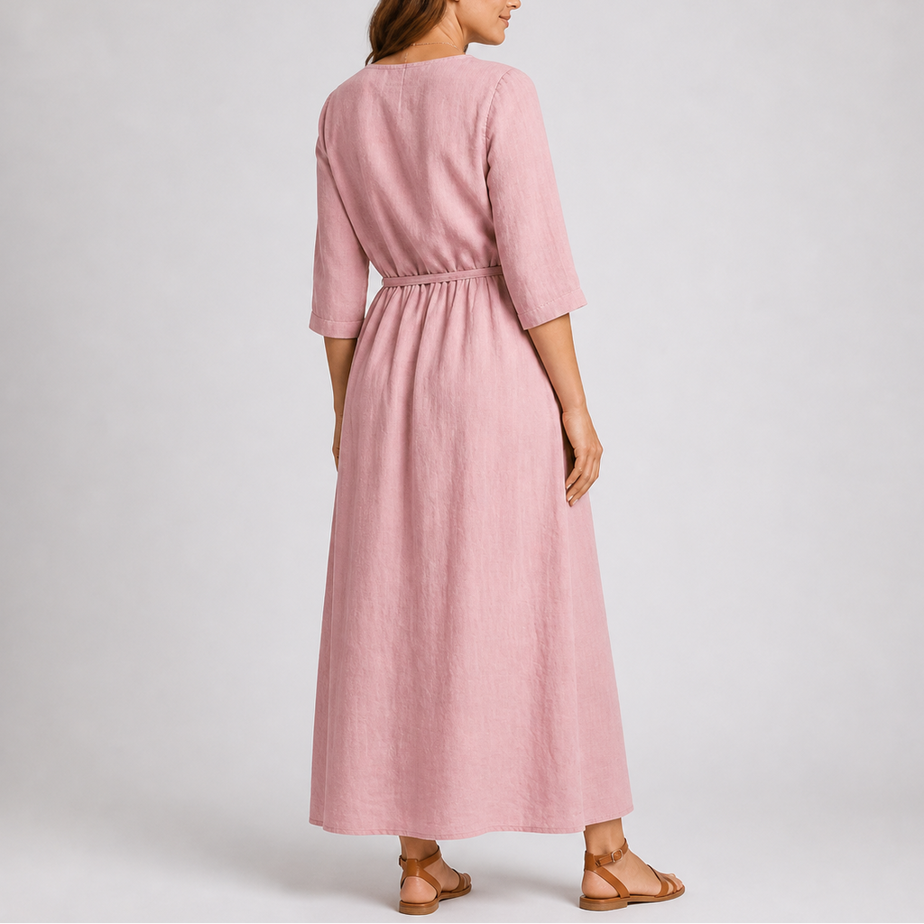 Maxikleid für Damen mit plissiertem Vorderteil und Taillengürtel