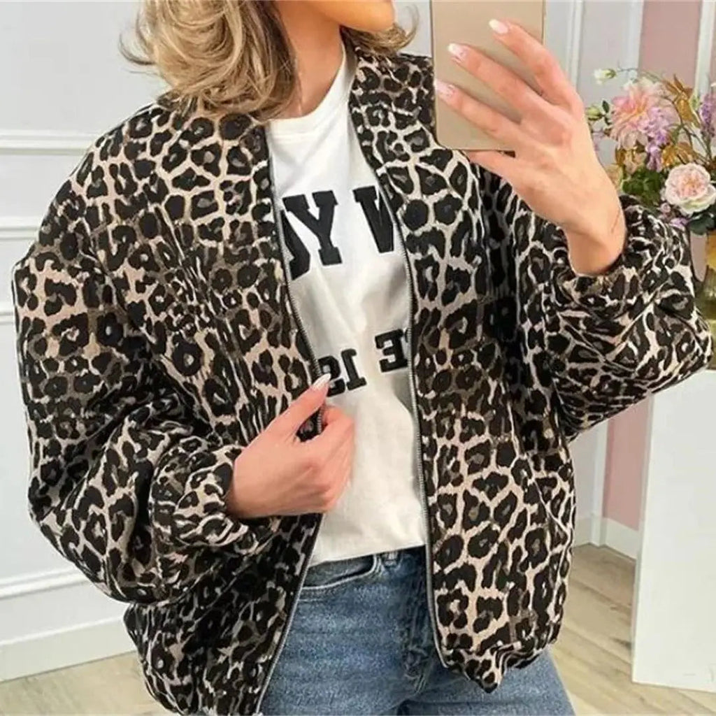 Damen-Bomberjacke mit Leopardenmuster und Reißverschluss vorne